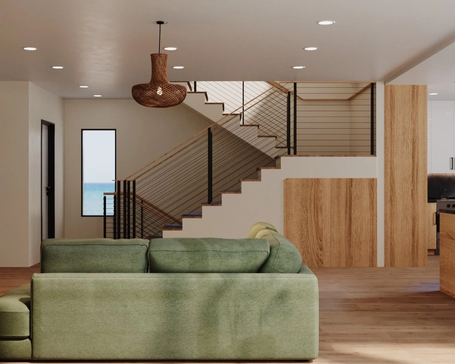 Open staircase with cable railing and ocean view — rendering